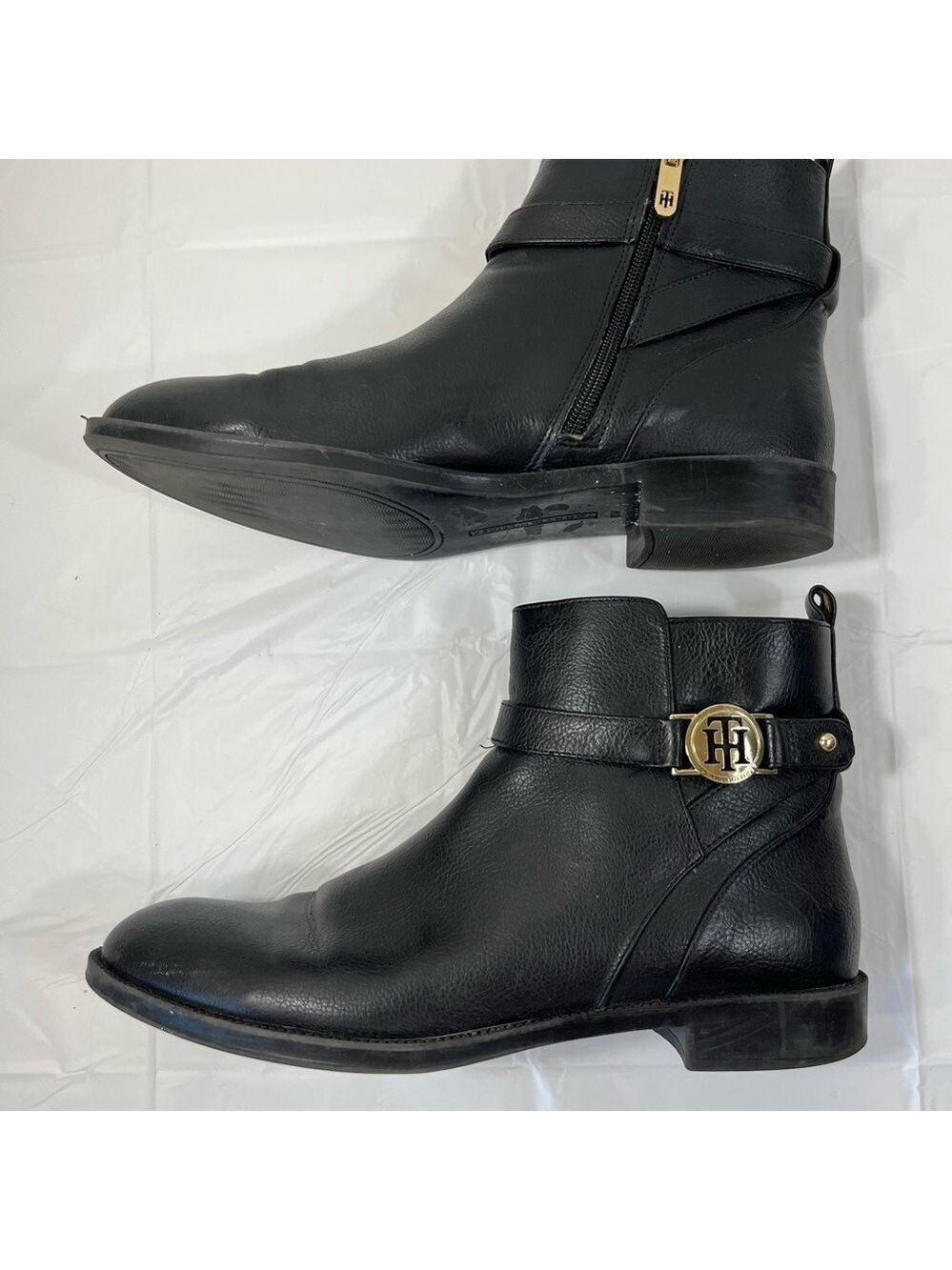 Tommy Hilfiger, Black Rumore Ankle Boots w/Gold Logo Hardware, Size 10